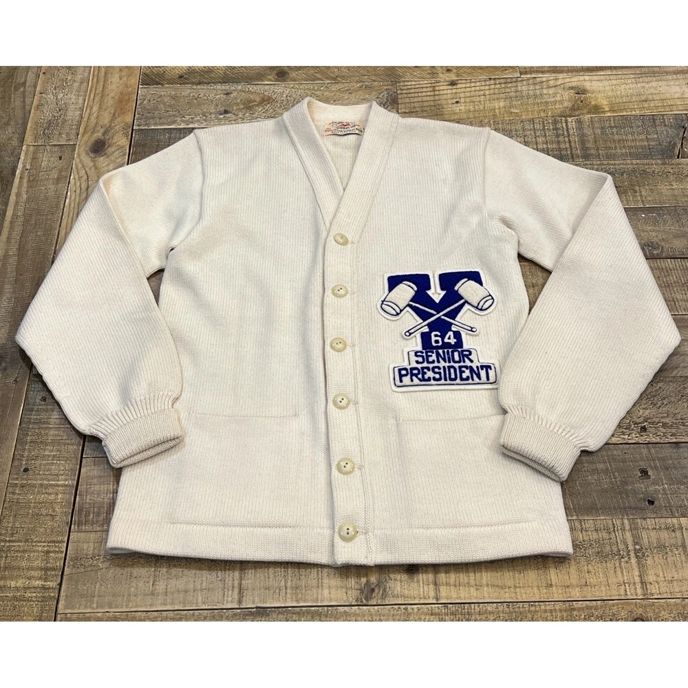 VTG Jack Frost Woolen Wear L Beige Letterman Varsity Cardigan Sr President 1964
